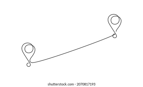 Continuous one line drawing path   Location pointers  Simple pins direct way between two points in thin Linear style  Gps navigation   Travel concept  Doodle vector illustration