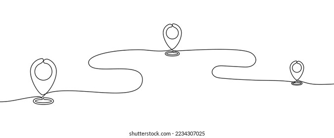 Continuous one line drawing of path with map location pointers. Single line route or way with map pin or navigation pointer that mark geolocation. Vector illustration.