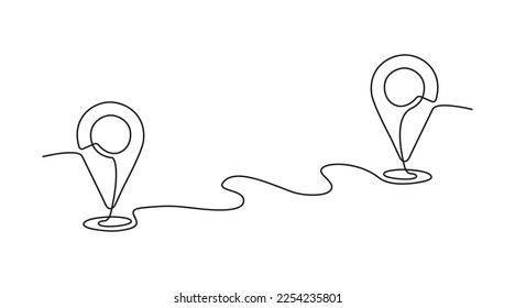 Continuous one line drawing of path and Location pointers. Simple pins on way between two points in thin Linear style. Gps navigation and Travel concept. Doodle vector illustration