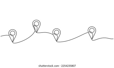 Continuous one line drawing of path and Location pointers. Simple pin between multiple points Hint location in thin Linear style. Gps navigation and Travel concept. Doodle vector illustration