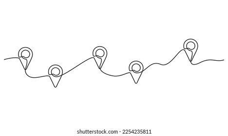 Continuous one line drawing of path and Location pointers. Simple pin between multiple points Hint location in thin Linear style. Gps navigation and Travel concept. Doodle vector illustration