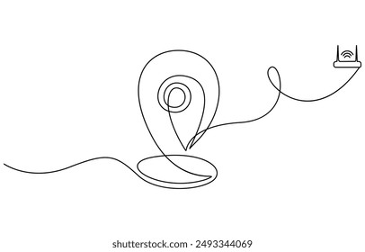 Continuous one line drawing of path and Location pointers. Simple pins on way between two points in thin Linear style. navigation and Travel concept. Doodle vector illustration, map 
