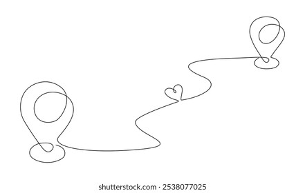 Continuous one line drawing of path and Location pointers. Simple pins on way between two points in thin Linear style. Gps navigation and Travel concept. Doodle vector illustration