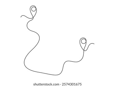 Continuous one line drawing of path and location pointers. Simple pins on way between two points in thin Linear style. GPS navigation and Travel concept. Vector illustration