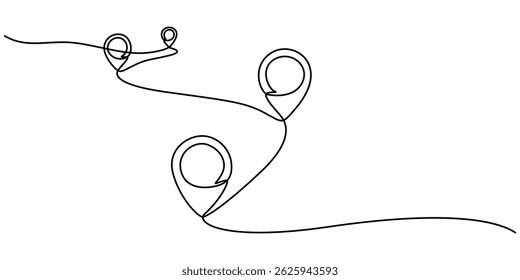Continuous one line drawing of path and location pointers pin road icon journey marker vector illustration, Minimalist design of a location pin seamlessly connected to a wavy line, symbolizing GPS. 