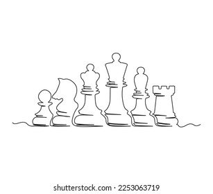 Continuous one line drawing of pawn, knight, king, queen,rook, bishop. simple chess pieces line art vector illustration.