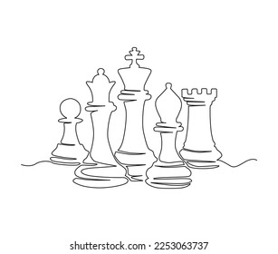 Continuous one line drawing of pawn, knight, king, queen,rook, bishop. simple chess pieces line art vector illustration.