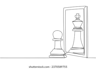 Continuous one line drawing pawn chess standing in front of mirror, reflecting chess king. Metaphor of confidence. Success, opportunities concept. Chance. Single line draw design vector illustration