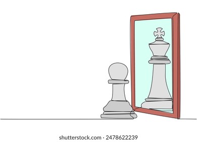 Continuous one line drawing pawn chess standing in front of mirror, reflecting chess king. Metaphor of confidence. Success, opportunities concept. Chance. Single line draw design vector illustration