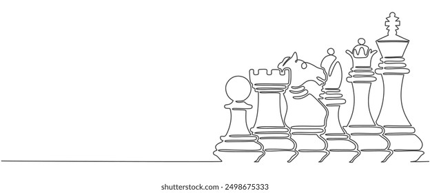 Continuous one line drawing of pawn, knight, king, queen,rook, bishop. simple chess pieces line art vector illustration.