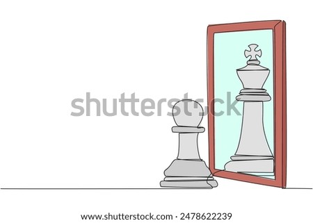Continuous one line drawing pawn chess standing in front of mirror, reflecting chess king. Metaphor of confidence. Success, opportunities concept. Chance. Single line draw design vector illustration