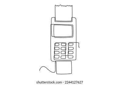 Pago continuo de un plano de línea por tarjeta de crédito usando terminal POS. Concepto sin sentido. Ilustración gráfica vectorial de diseño de líneas simples.