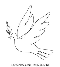 Continuous one line drawing of a peace dove carrying an olive branch vector.