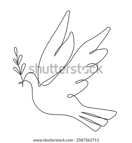 Continuous one line drawing of a peace dove carrying an olive branch vector.