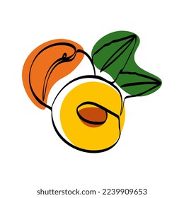 Continuous one line drawing peach. Vector illustration. Black line art on white background with colorful spots. Cartoon peach isolated on white background. Vegan concept