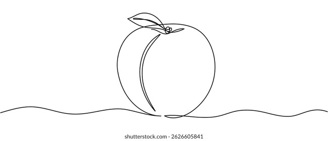 Uma linha contínua desenhando pêssego. Ilustração vetorial. Arte em linha preta sobre fundo branco com pontos coloridos. Pêssego dos desenhos animados isolado sobre fundo branco. Conceito vegano AVC editável
