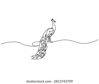 Continuous one line drawing of peacock. One line drawing illustration of peacock animal. Bird with beautiful tail feather concept single line. Editable outline