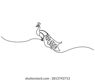 Continuous one line drawing of peacock. One line drawing illustration of peacock animal. Bird with beautiful tail feather concept single line. Editable outline