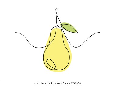 Continuous one line drawing of pear. Minimalistic colorful poster with hand drawn fruit in cartoon style. Simple sketch isolated on white background. Vector illustration