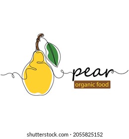 Continuous one line drawing of pear with leaf organic food in silhouette on a white background. Linear stylized.