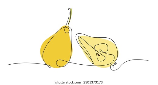 Peras de dibujo de una línea continuas. Resumen de fruto dibujado a mano por una línea. Icono orgánico simple con manchas amarillas sobre blanco. Ilustración vectorial de tendencia de moda, frutos de dibujo de una línea de silueta de pera de silueta