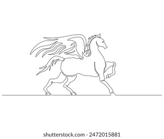 Continuous one line drawing of pegasus. One line drawing illustration of mythological winged horse. Mythological animal concept continuous line art. Editable outline.