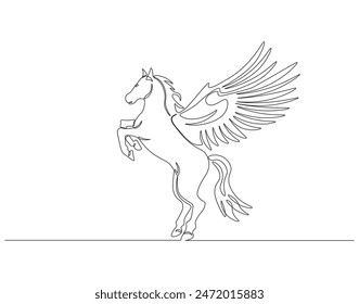 Continuous one line drawing of pegasus. One line drawing illustration of mythological winged horse. Mythological animal concept continuous line art. Editable outline.