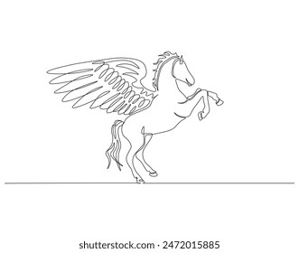 Continuous one line drawing of pegasus. One line drawing illustration of mythological winged horse. Mythological animal concept continuous line art. Editable outline.