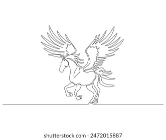 Continuous one line drawing of pegasus. One line drawing illustration of mythological winged horse. Mythological animal concept continuous line art. Editable outline.