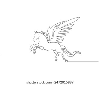 Continuous one line drawing of pegasus. One line drawing illustration of mythological winged horse. Mythological animal concept continuous line art. Editable outline.