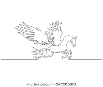 Continuous one line drawing of pegasus. One line drawing illustration of mythological winged horse. Mythological animal concept continuous line art. Editable outline.