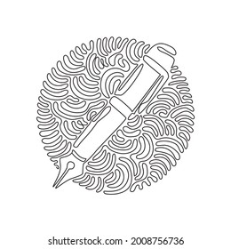 Continuous one line drawing pen, write icon. Line and glyph version, Signature pen outline and filled vector sign. Swirl curl circle background style. Single line design vector graphic illustration