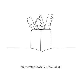 Continuous one line drawing of pen, ruler, pencil and brush in a box. Back to school and education concept. Editable stroke.