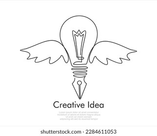 Continuous One  line drawing of Pencil  with idea light bulb combined into symbol with wings, creative energy design art or science invention or research