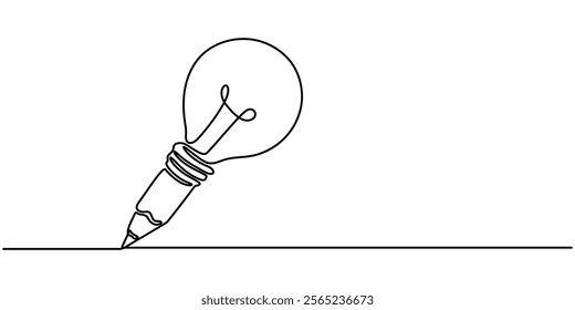 Continuous One line drawing of Pencil with idea light bulb combined into symbol, creative energy design art or science invention or research, Light bulb and pencil in one continuous line drawing. pro.