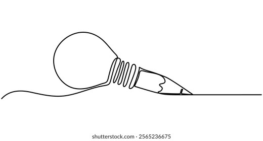 Continuous One line drawing of Pencil with idea light bulb combined into symbol, creative energy design art or science invention or research, Light bulb and pencil in one continuous line drawing. pro.