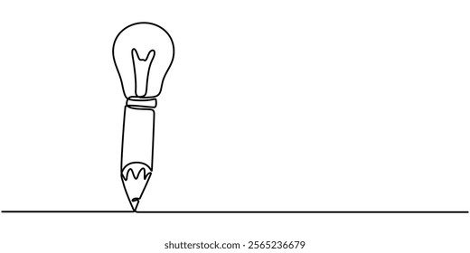 Continuous One line drawing of Pencil with idea light bulb combined into symbol, creative energy design art or science invention or research, Light bulb and pencil in one continuous line drawing. pro.