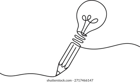 Contínuo Um desenho de linha de Lápis com lâmpada de ideia combinada em símbolo, uma linha Desenho de ícone de arte
