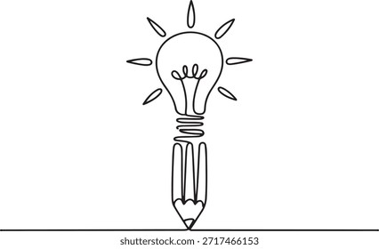 Kontinuierliche Ein-Linien-Zeichnung des Bleistifts mit Idee Glühbirne in Symbol kombiniert, eine Linie Art Symbol Zeichnung

