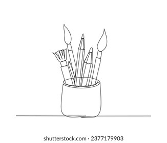 Continuous one line drawing of pencils and brush in a glass. Back to school ,art and education concept. Editable stroke.