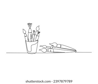 Continuous one line drawing of pencils and brush in a glass. Stationery outline vector illustration. Back to school and education concept. Editable stroke.