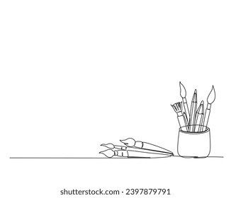 Continuous one line drawing of pencils and brush in a glass. Stationery outline vector illustration. Back to school and education concept. Editable stroke.