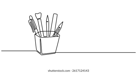 Continuous one line drawing of pencils and brushes in a glass. Brush and pencils in single line draw illustration. Editable stroke, Stationery container with pencil, pens, rulers outline drawing pro..