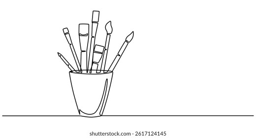Continuous one line drawing of pencils and brushes in a glass. Brush and pencils in single line draw illustration. Editable stroke, Stationery container with pencil, pens, rulers outline drawing pro..