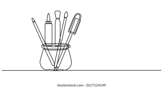 Continuous one line drawing of pencils and brushes in a glass. Brush and pencils in single line draw illustration. Editable stroke, Stationery container with pencil, pens, rulers outline drawing pro..