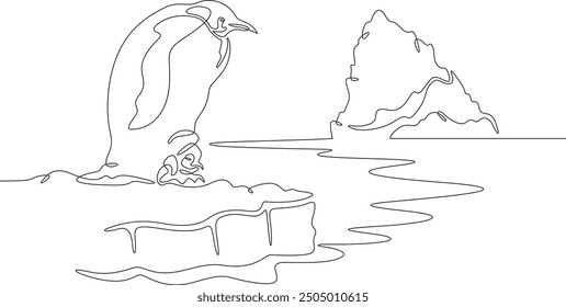 Continuous one line drawing penguin on an ice floe. Large iceberg. South Pole. Penguin stands by the water. One continuous line isolated minimal illustration.