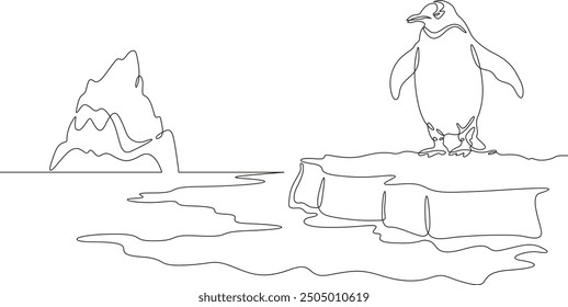 Continuous one line drawing penguin on an ice floe. Large iceberg. South Pole. Penguin stands by the water. One continuous line isolated minimal illustration.