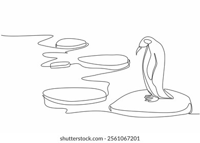 Continuous one line drawing penguin standing on ice. Melting polar ice is dangerous for animals. Warming earth is dangerous for habitats. World Penguin Day. Single line draw design vector illustration