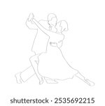 Continuous one line drawing people dancing salsa.  Pairs of dancers with waltz tango and salsa styles move. 
 Couples, man and woman in dance together. Hand made vector not AI.