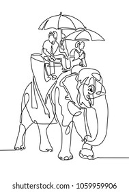 continuous one line drawing - people under umbrellas from the sun ride on an elephant in modern minimalistic style, vector illustration